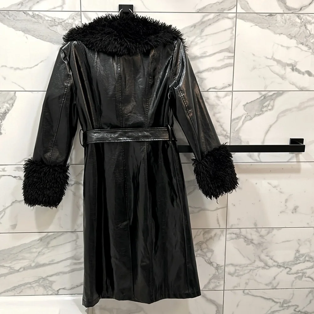 7 FOR ALL MANKIND vegan leather Patent Faux Fur Trimmed Trench Coat size M - Picture 2 of 11